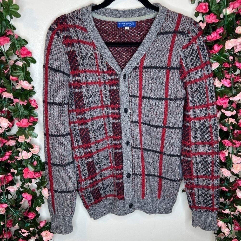 Opening Ceremony Knits Plaid Cardigan Size S Gray Red 80% Virgin Wool